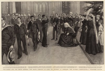 Drottningen och Benin-hjältarna, Skeppskompaniet på H M S St George i Osborne, Hennes Majestät frågar ut en sårad sjöman. av William Hatherell