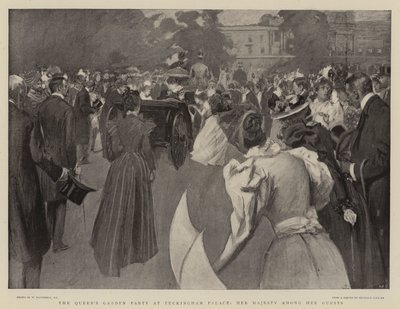 Drottningens trädgårdsfest på Buckingham Palace, hennes majestät bland hennes gäster av William Hatherell