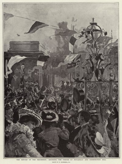 Processionens återkomst, runt hörnet av Piccadilly och Constitution Hill av William Hatherell
