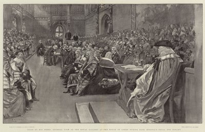 Prövad av hans jämnåriga, allmän utsikt över Royal Gallery i House of Lords under Earl Russells rättegång för Bigamy av William Hatherell
