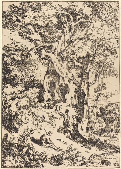 Studie av träd och buskar med sittande figur av William Havell