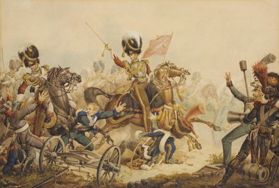 Första livgardet laddar franskt artilleri vid slaget vid Waterloo 1815, 1820 av William Heath