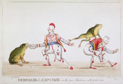 Grimaldis språnggroda i den komiska pantomimen av den gyllene fisken, 1812 av William Heath