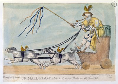 Grimaldis Tandem i den komiska pantomimen av den gyllene fisken, pub. 1812 av William Heath