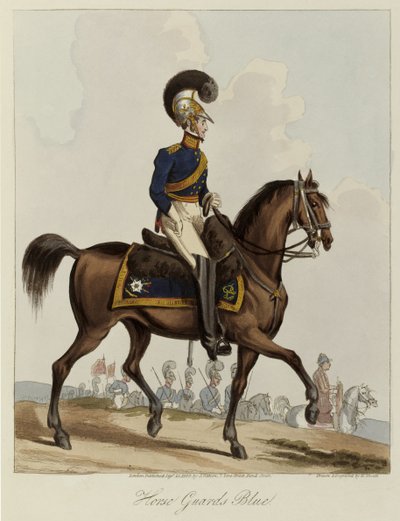 Horse Guards Blue, Uniform study of Royal Regiment of Horse Guards, 1820 (färgad akvatint) av William Heath