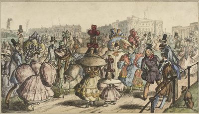 Män och kvinnor i slående kläder går i en park i en stad The Park - 1830 (titel på objekt) av William Heath