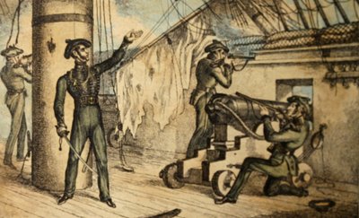 Marinskytte i aktion ombord på ett oidentifierat krigsfartyg, ca 1835 (handfärgad etsning) av William Heath