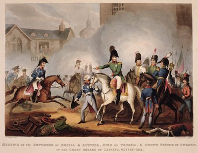 Möte mellan kejsarna av Ryssland och Österrike, kungen av Preussen och kronprinsen av Sverige på det stora torget i Leipsic, 18 oktober 1813, från 