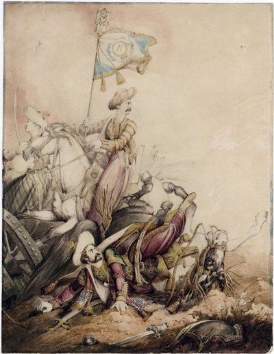 ""Mamluk fanbärare i strid"" (Mamluk fanbärare i strid) Akvarell av William Heath (1795-1840) - 1818 Dim 33,5x25,9 cm Privat samling av William Heath