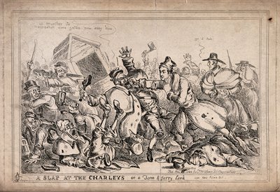 Robert Peel som boxare som attackerar nattvakter i syfte att ersätta dem med poliskåren. Etsning av Paul Pry (W. Heath). av William Heath