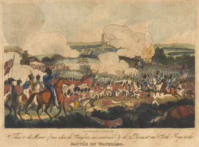 Taget vid tidens ögonblick då Cuirassiers omgavs av 79 Regiment och Scotch Greys vid slaget vid Waterloo, 18 juni 1815, graverad av Romney och publicerad av Richard Evans, 1816 (co. av William Heath