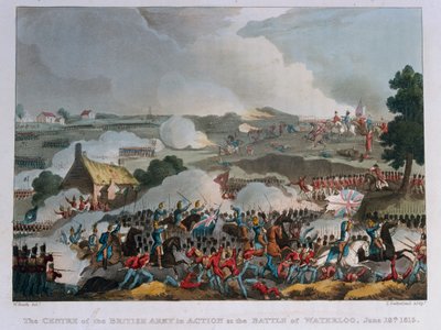 Den brittiska arméns centrum i aktion vid slaget vid Waterloo, 1815 (akvatint) av William Heath