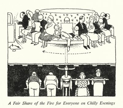 En rättvis del av elden för alla på kyliga kvällar (litho) av William Heath Robinson