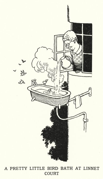 Ett vackert litet fågelbad vid Linnet Court (litho) av William Heath Robinson