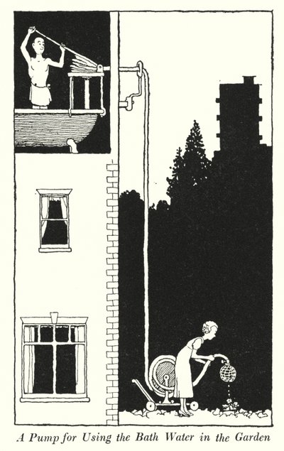 En pump för att använda badvattnet i trädgården (litho) av William Heath Robinson