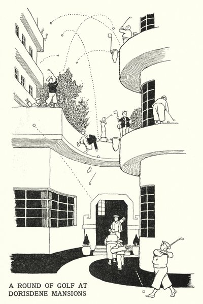 En golfrunda på Dorisdene Mansions (litho) av William Heath Robinson