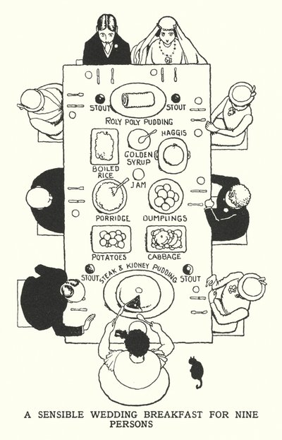 En vettig bröllopsfrukost för nio personer (litho) av William Heath Robinson