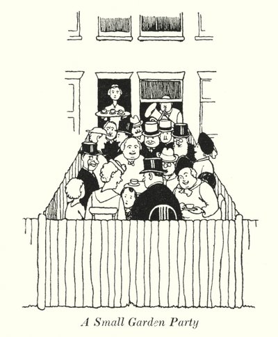 En liten trädgårdsfest (litho) av William Heath Robinson
