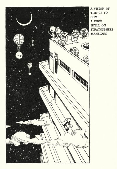 A Vision of Things to Come, A Roof Idyll on Stratosphere Mansions (litho) av William Heath Robinson
