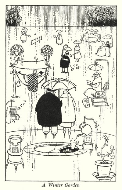 En vinterträdgård (litho) av William Heath Robinson