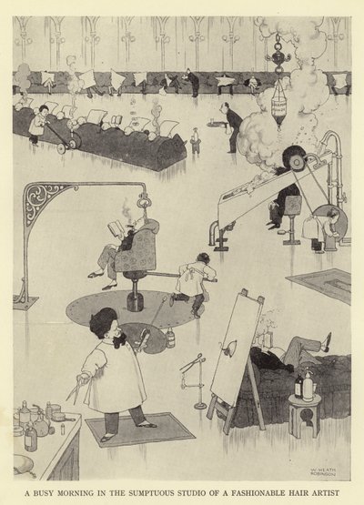 En hektisk morgon i en fashionabel hårkonstnärs överdådiga studio av William Heath Robinson