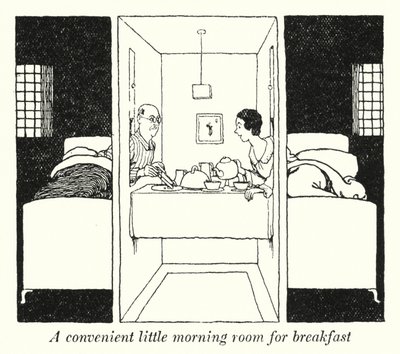 Ett bekvämt litet morgonrum för frukost (litho) av William Heath Robinson