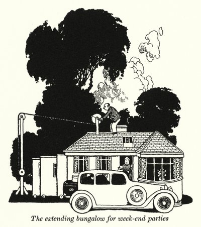 En utbyggd bungalow för helgfester (litho) av William Heath Robinson