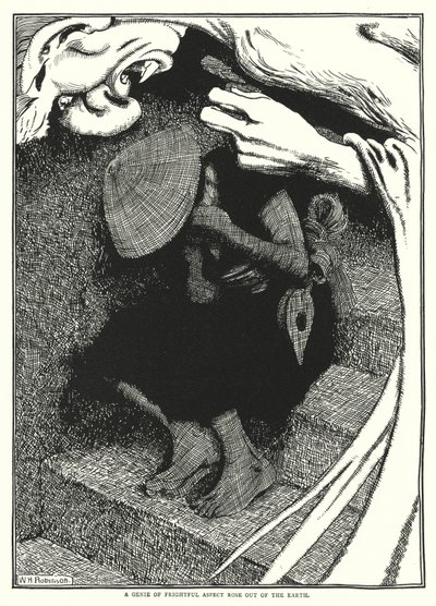 En ande med skrämmande aspekt steg upp ur jorden (gravyr) av William Heath Robinson