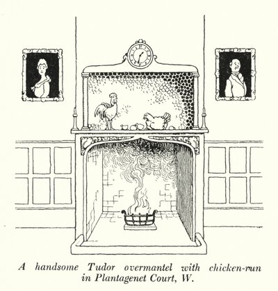 En stilig tudormantel med kycklinggård i Plantagenet Court, W (litho) av William Heath Robinson