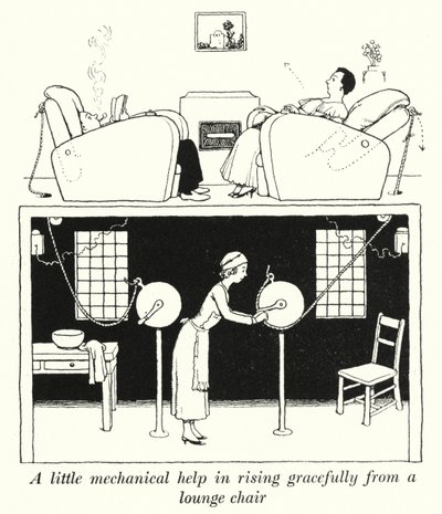 Lite mekanisk hjälp för att graciöst resa sig från en fåtölj (litho) av William Heath Robinson