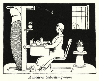 Ett modernt säng-vardagsrum (litho) av William Heath Robinson