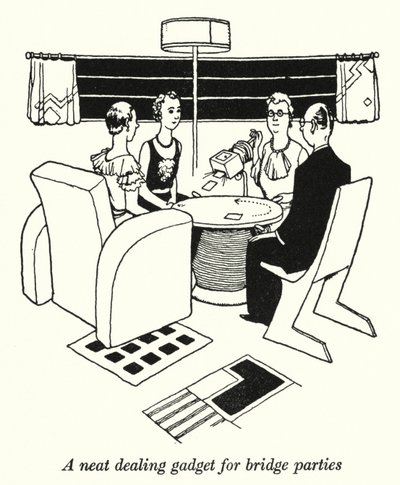 En snygg pryl för bridgefester (litho) av William Heath Robinson