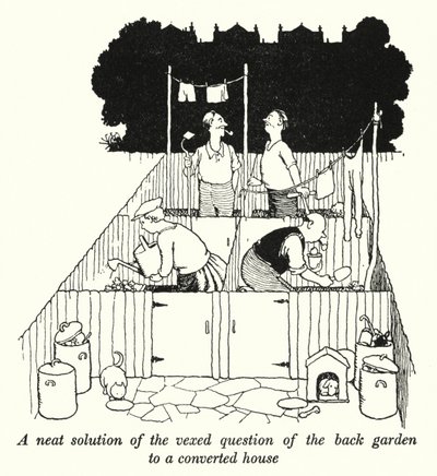 En snygg lösning på den irriterande frågan om trädgården till ett ombyggt hus (litho) av William Heath Robinson