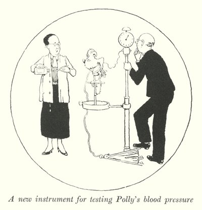 Ett nytt instrument för att testa Pollys blodtryck (litho) av William Heath Robinson