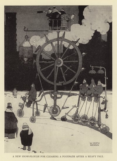 En ny snöplog för att röja en gångstig efter ett kraftigt fall av William Heath Robinson