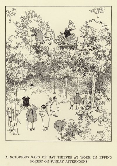 Ett ökänt gäng hatttjuvar på jobbet i Epping Forest på söndagseftermiddagar av William Heath Robinson
