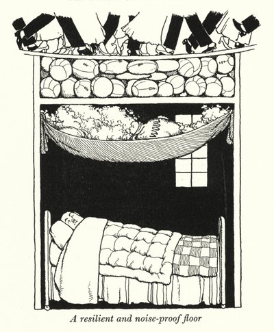 Ett fjädrande och ljudsäkert golv (litho) av William Heath Robinson
