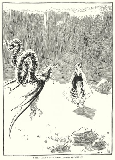 En mycket stor bevingad orm kommer mot mig (gravyr) av William Heath Robinson