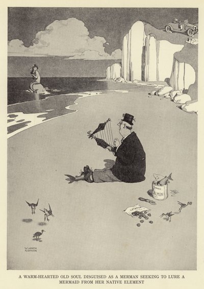 En varmhjärtad gammal själ förklädd till en sjöman som försöker locka en sjöjungfru från sitt hemland av William Heath Robinson
