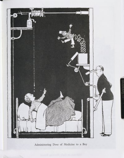 Administrera en dos av medicin till en pojke, illustration från "Inventions" av William Heath Robinson