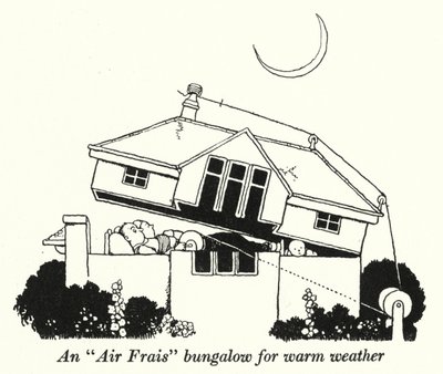 En "Air Frais" bungalow för varmt väder (litho) av William Heath Robinson