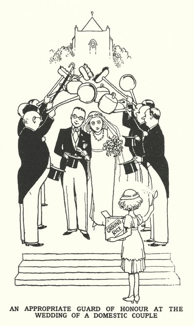 En lämplig hedersvakt vid ett inhemskt pars bröllop (litho) av William Heath Robinson