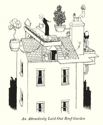 En attraktivt anlagd takträdgård (litho) av William Heath Robinson