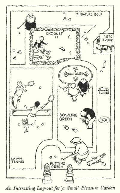 En intressant layout för en liten nöjesträdgård (litho) av William Heath Robinson