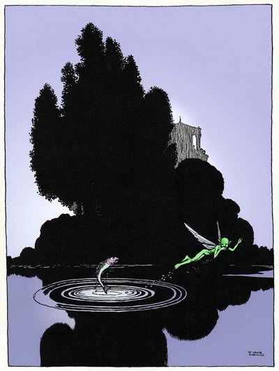 En alv avbildad på inledningssidan till akt IV i William Shakespeares "Dröm för en sommarnatt" (1595), teckning av W. Heat Robinson 1914 års utgåva, Constable. av William Heath Robinson