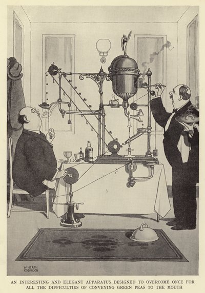 En intressant och elegant apparat utformad för att en gång för alla övervinna svårigheterna med att föra gröna ärtor till munnen av William Heath Robinson