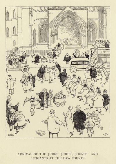 Domarens, juryernas, advokaternas och målsägandenas ankomst till domstolarna av William Heath Robinson