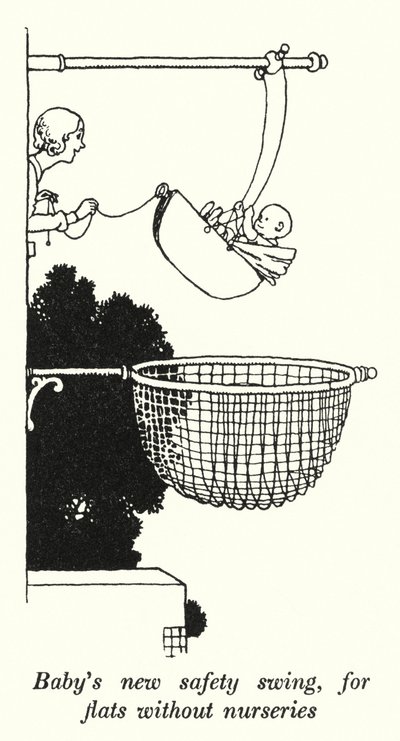 Babys nya säkerhetsgunga, för lägenheter utan barnkammare (litho) av William Heath Robinson