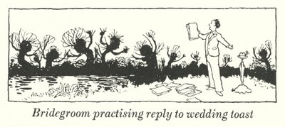 Brudgum tränar på att svara på bröllopstoast (litho) av William Heath Robinson