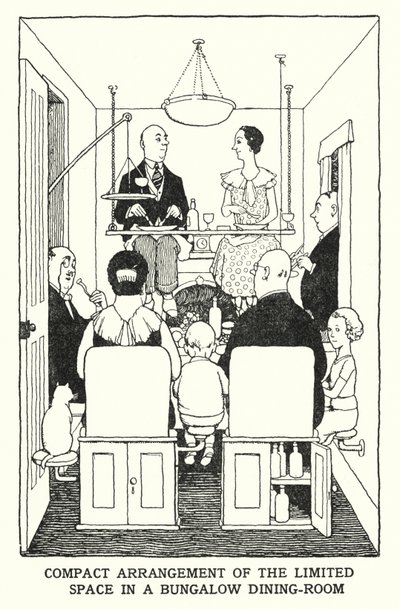 Kompakt arrangemang av det begränsade utrymmet i en bungalowmatsal (litho) av William Heath Robinson